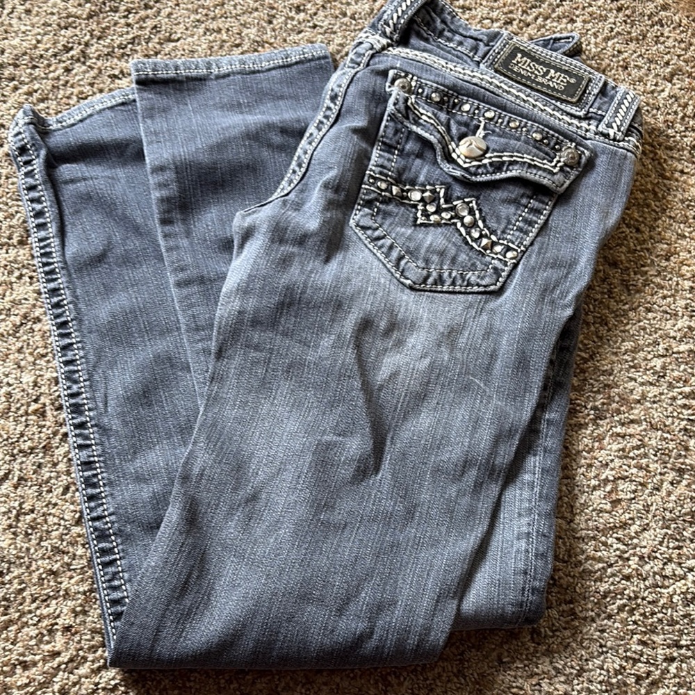 Miss Me Gray Boot Cut Jeans with Decorative Stitching